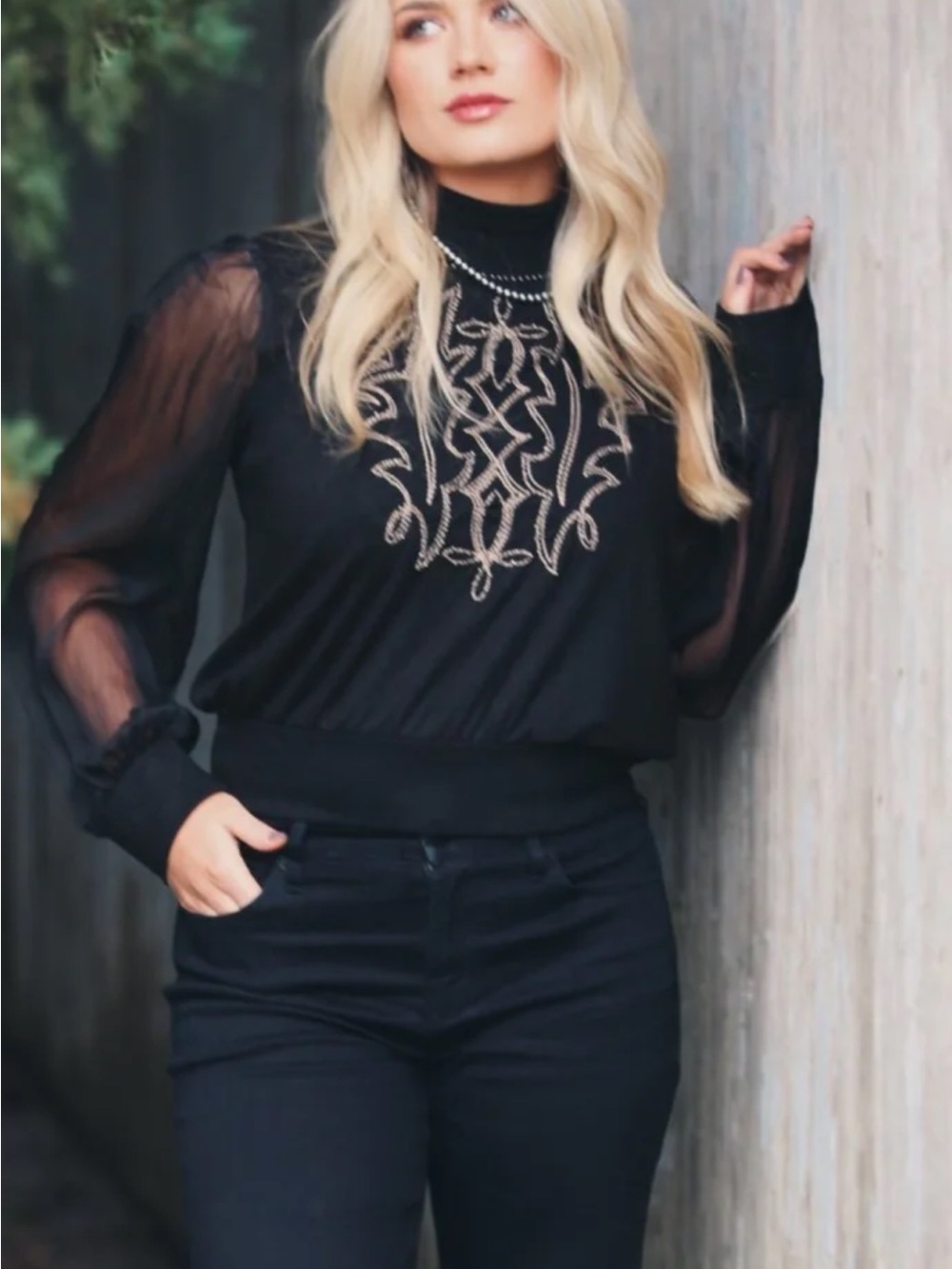 Double D Ranch Black Sheer Sleeve Embellished Mock Neck Top